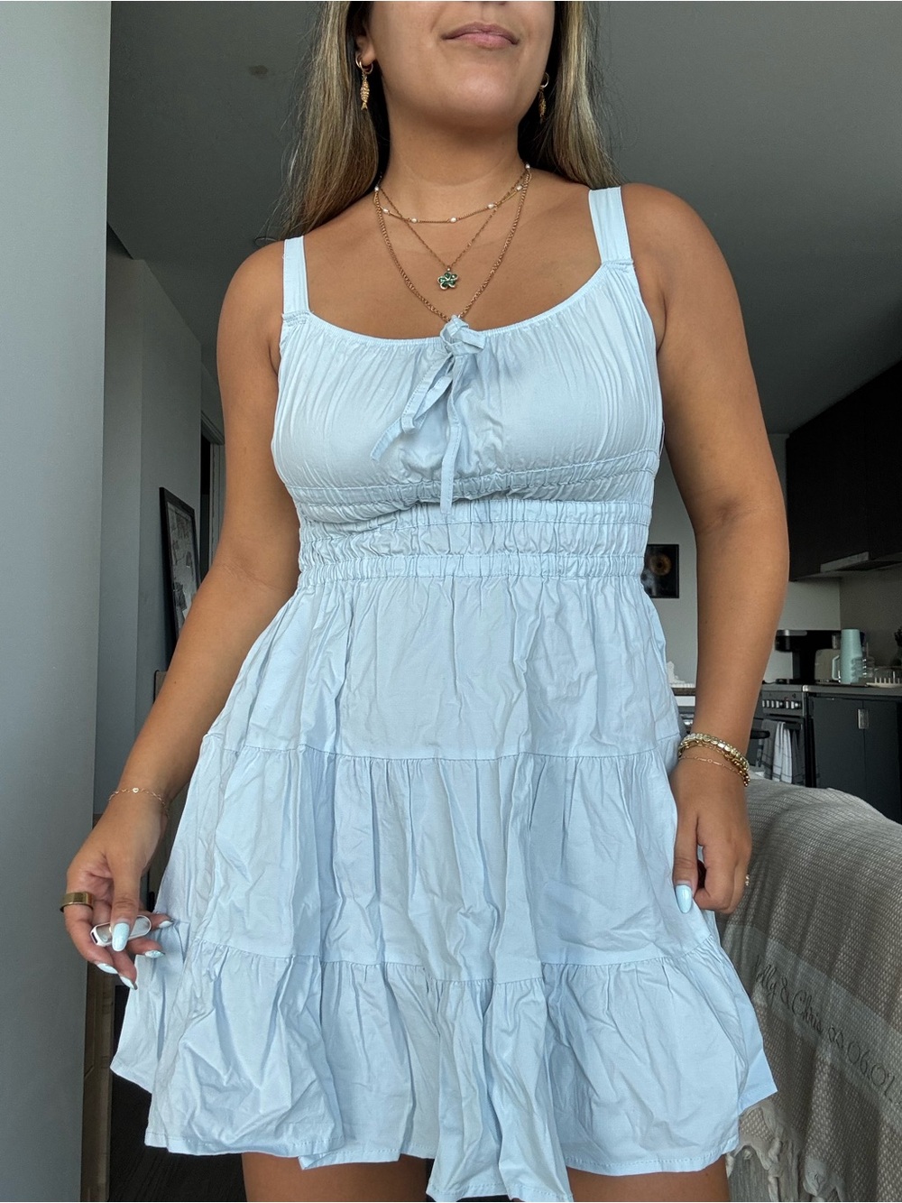 OAK + FORT Light Blue Smocked Tiered Mini Dress